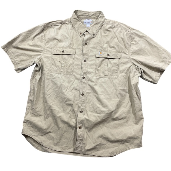 Carhartt 2XL Beige Button Up Relaxed Fit Short sleeve Pockets Cotton Spandex - Picture 1 of 6